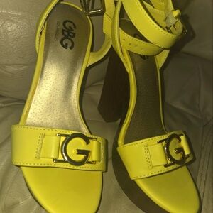 GBG Los Angeles Yellow Heels with Ankle Strap and Metal Embellishment